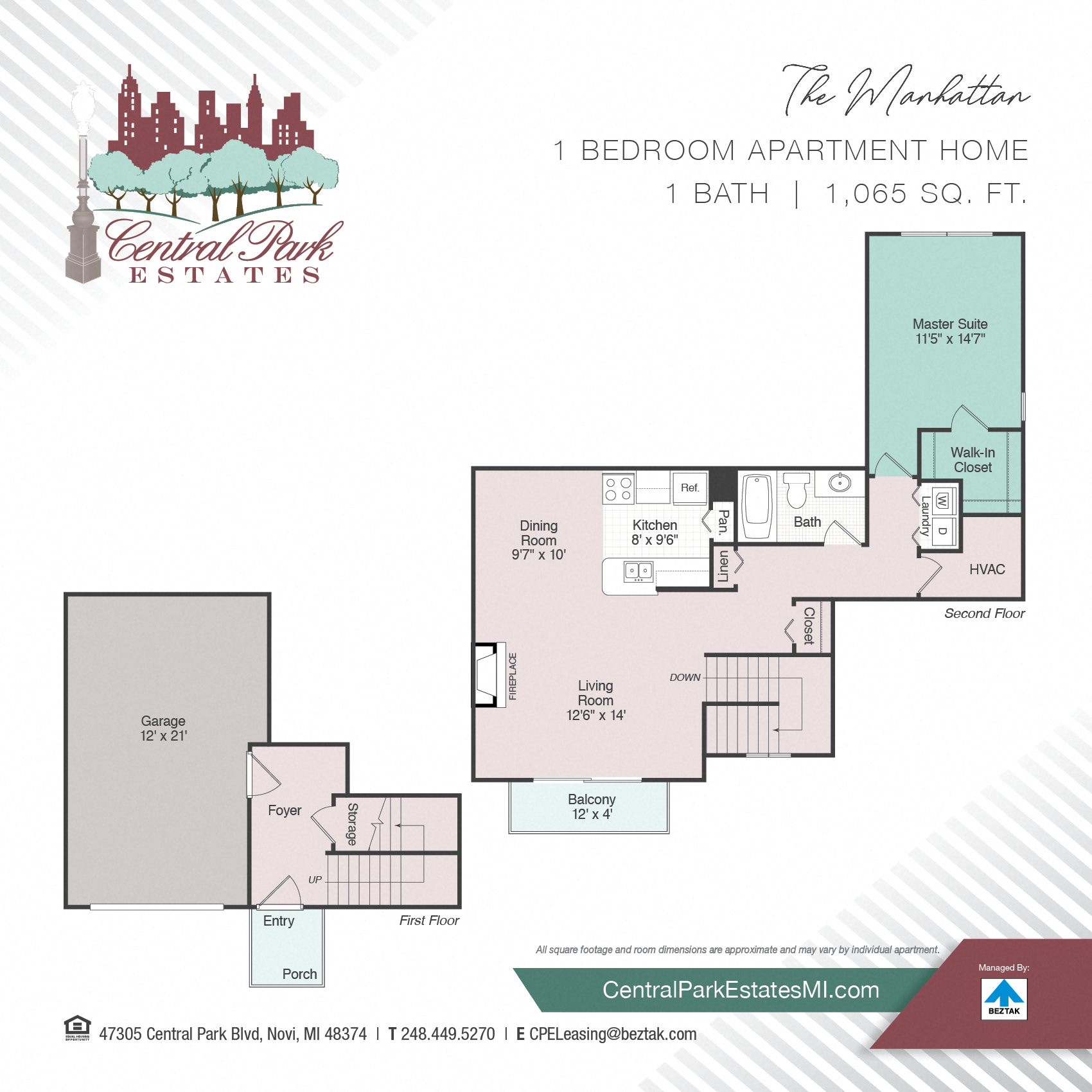 Floor plan for 1 bed, 1 bath, 1065 sqft